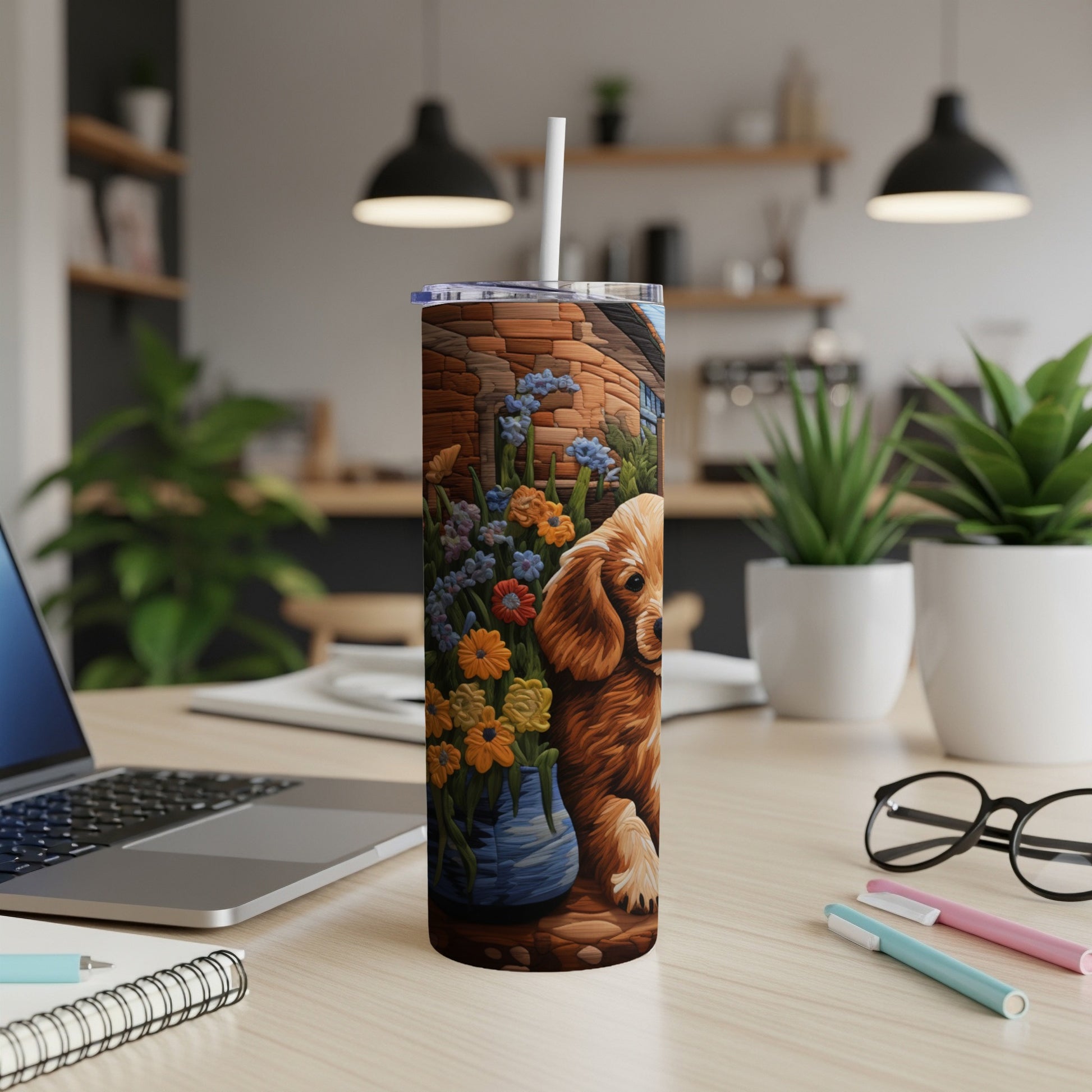 Golden retriever and flowers on a blue vase, printed on a tumbler.