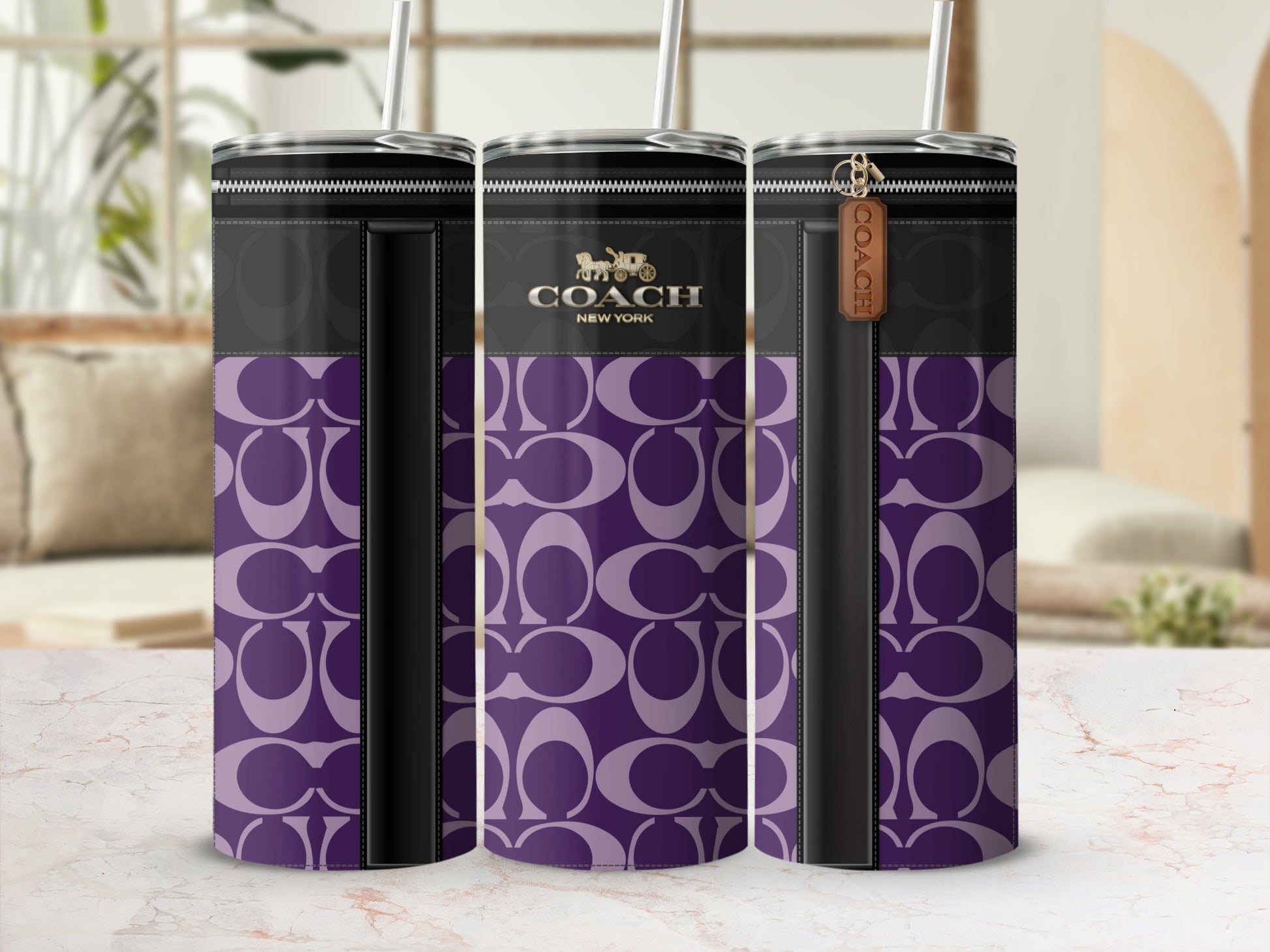 Coach New York Purple Pattern Insulated Tumbler Cup