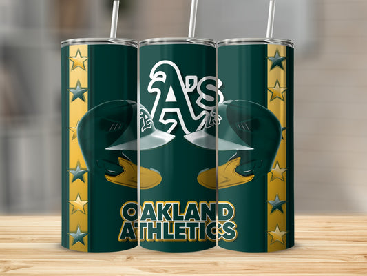Oakland Athletics Logo and Helmets on Green Tumblers