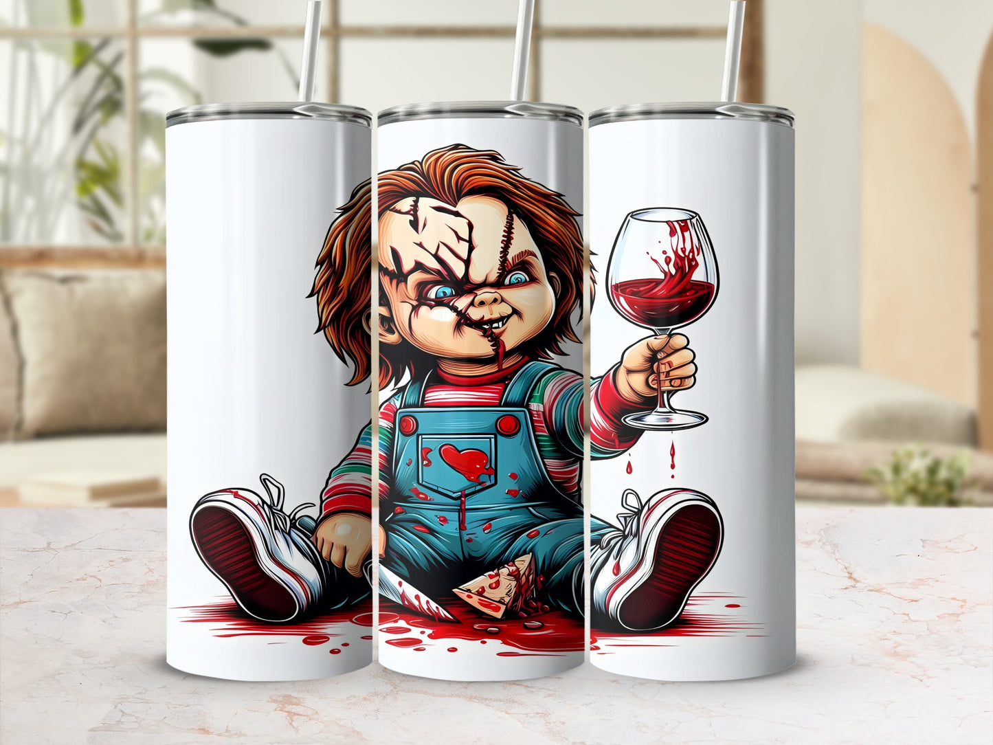 Chucky doll with knife, blood, and wine on a white tumbler.