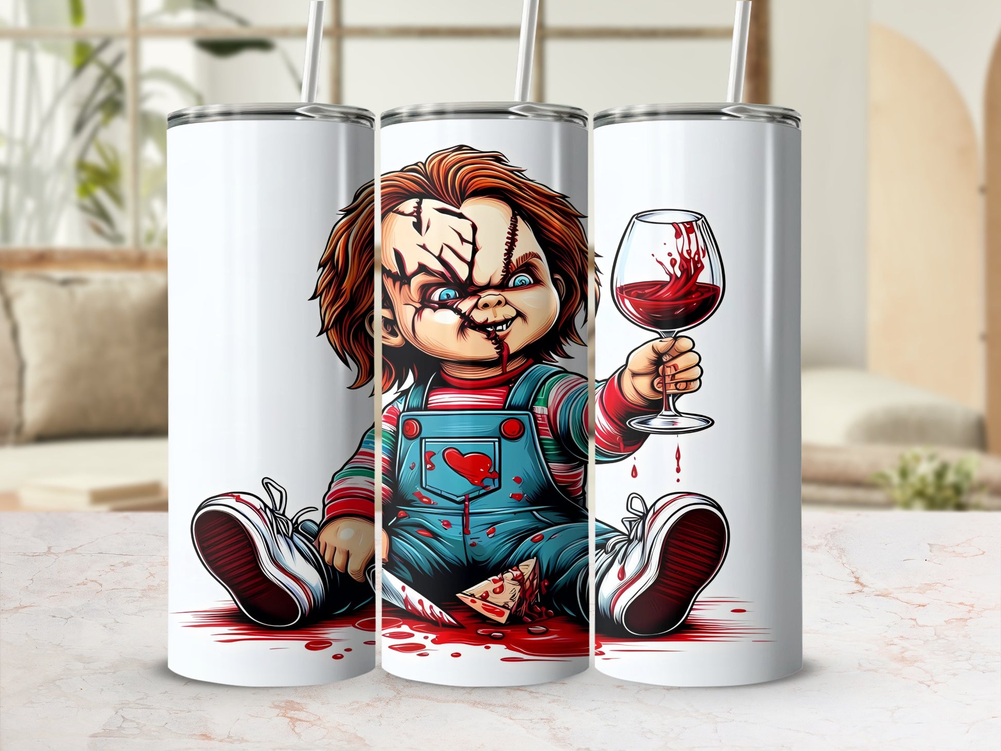 Chucky doll with knife, blood, and wine on a white tumbler.