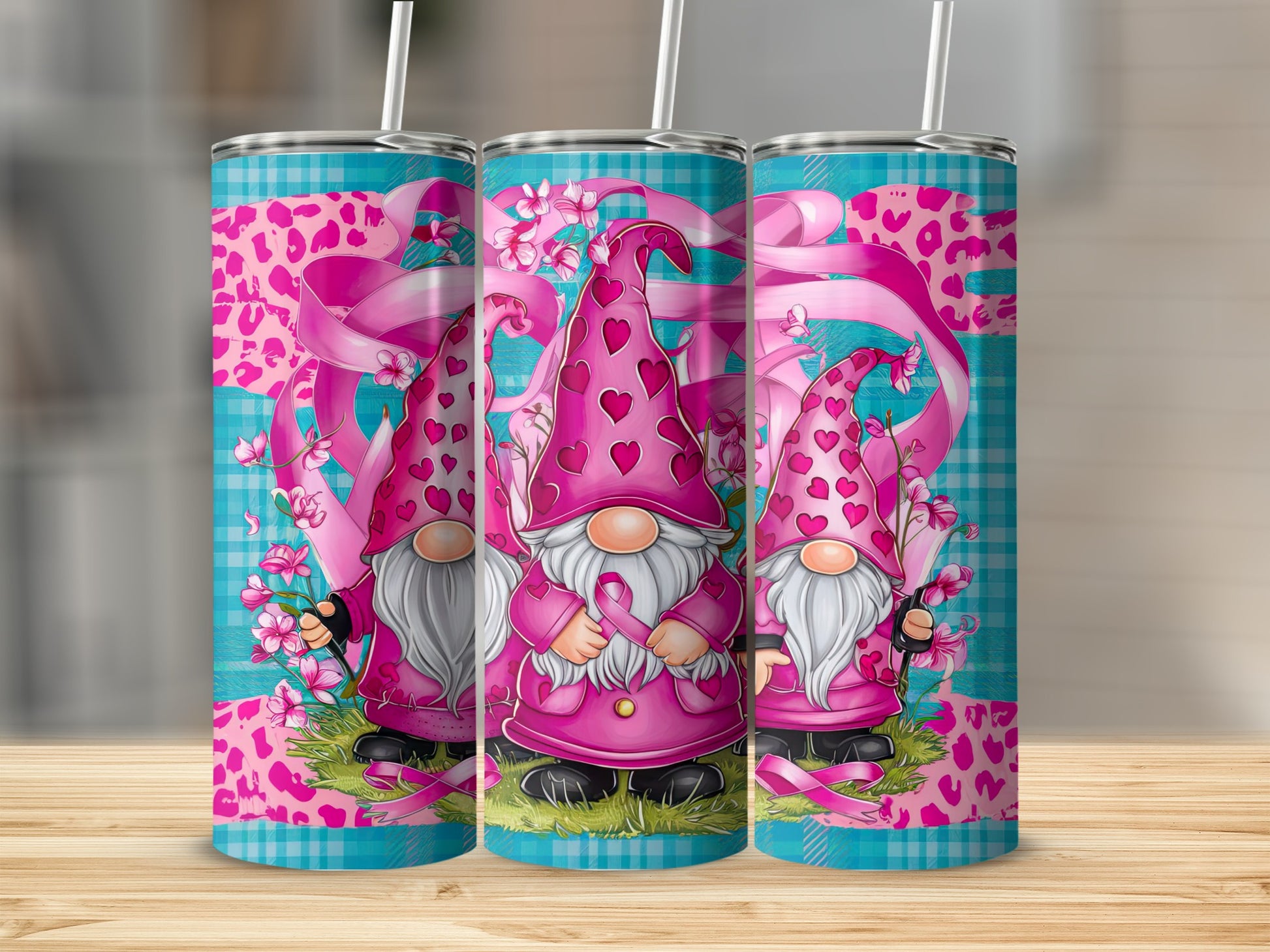 Three gnomes with pink hats and hearts on a teal and pink plaid background.