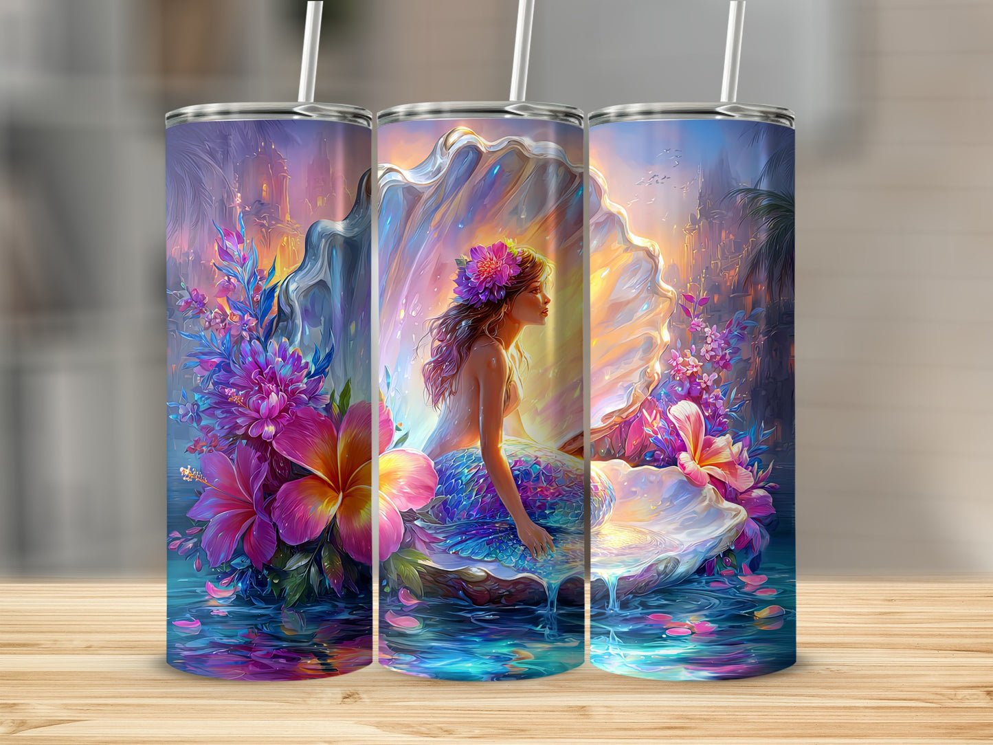 Colorful Mermaid in Seashell Fantasy Scene Tumbler
