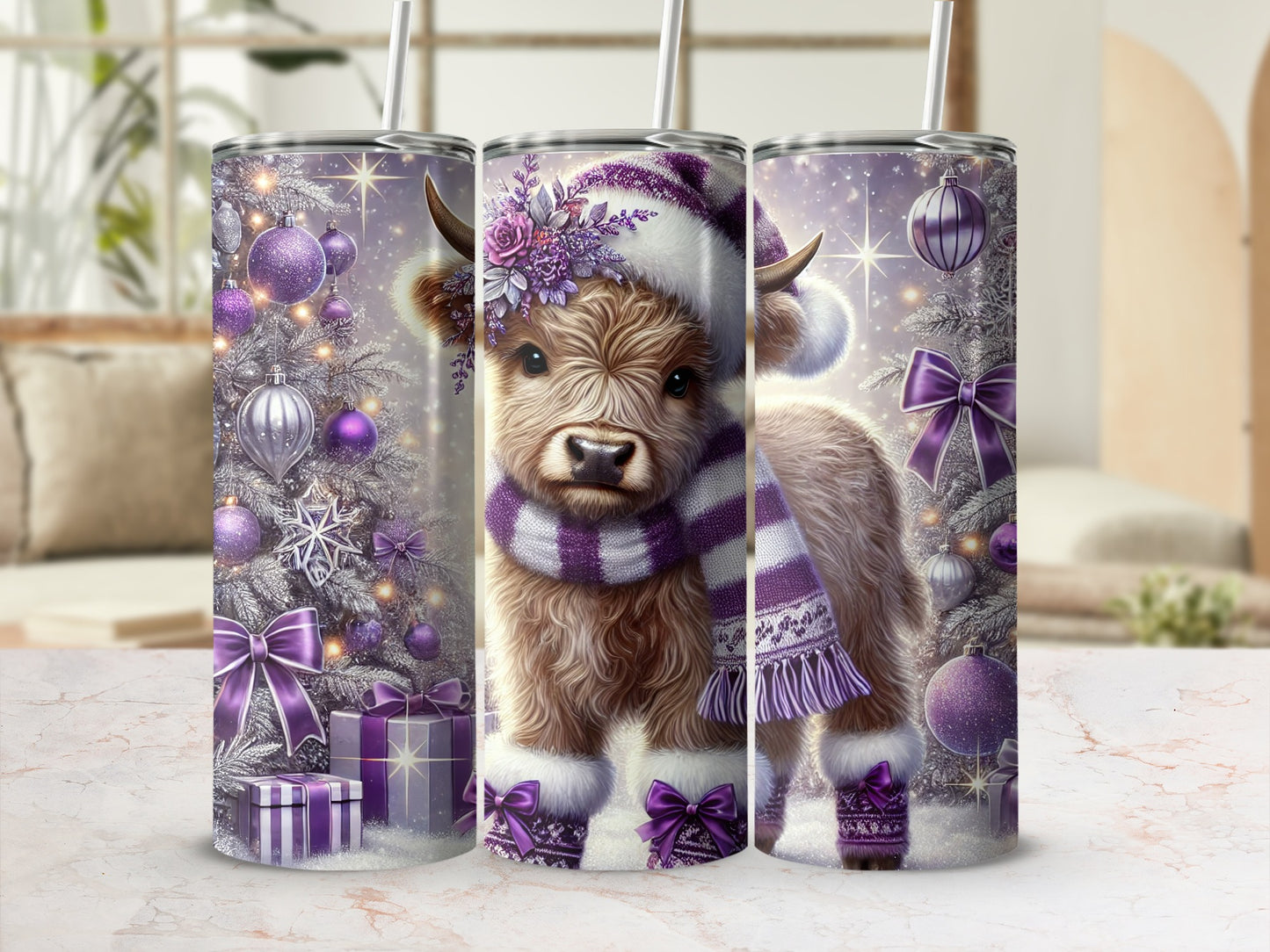 Highland cow wearing Christmas hat and scarf with purple ornaments.