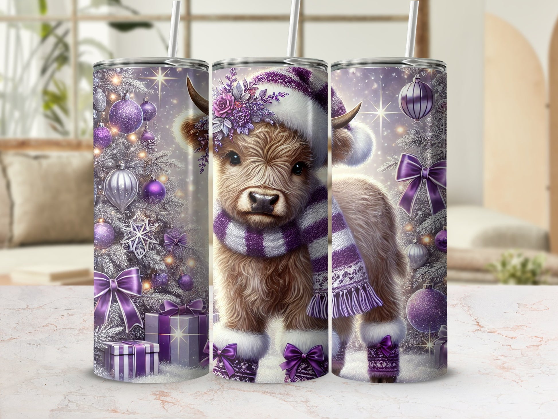 Highland cow wearing Christmas hat and scarf with purple ornaments.