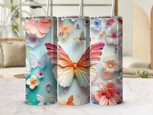 Floral tumbler with colorful butterflies and gemstone accents.