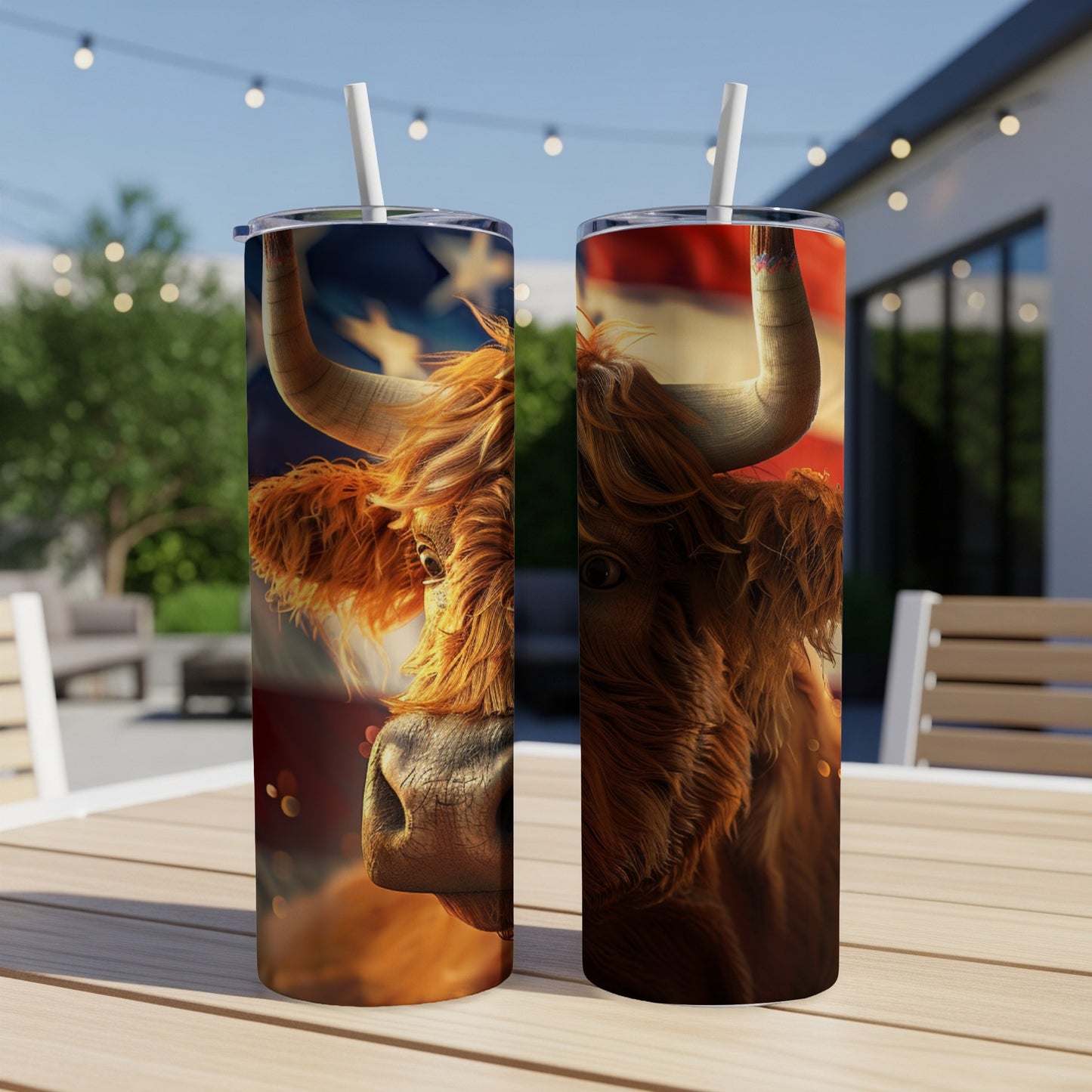 Highland cow face with American flag graphic on two tumblers.