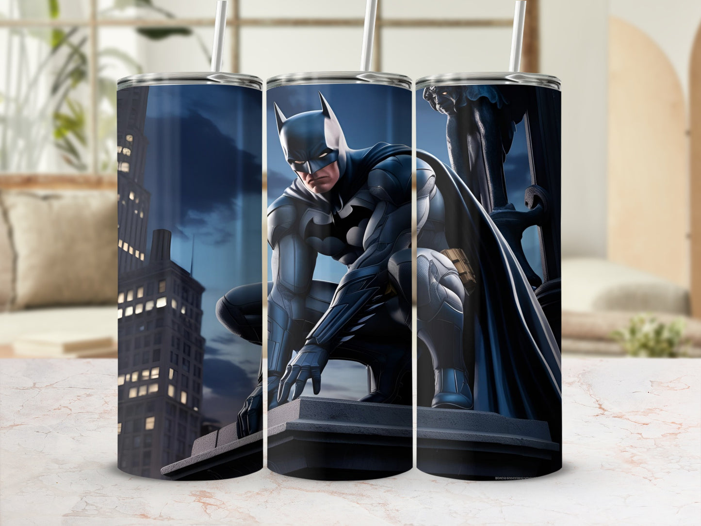 Three Batman tumblers with Gotham City skyline background.