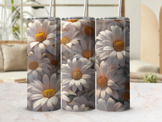 Three tumblers with white daisy floral print and light wood background.