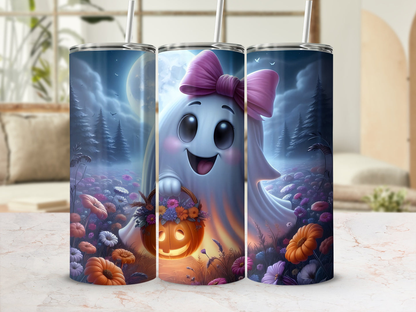 Ghost with pink bow holding a pumpkin basket among colorful flowers.