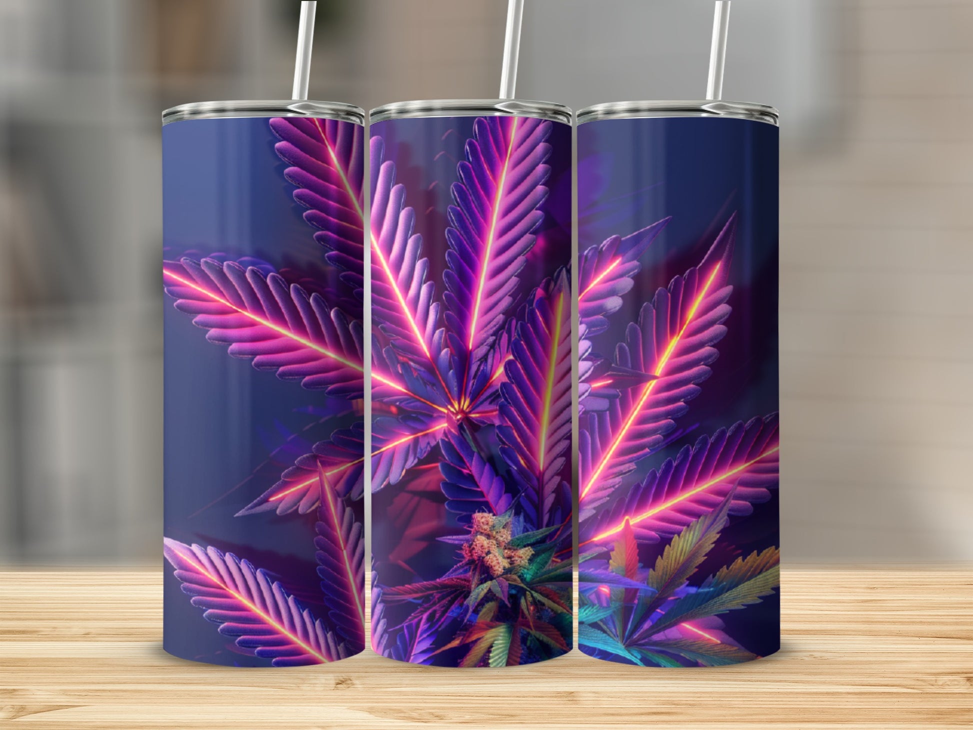 Purple neon cannabis leaf design on three tall tumblers.