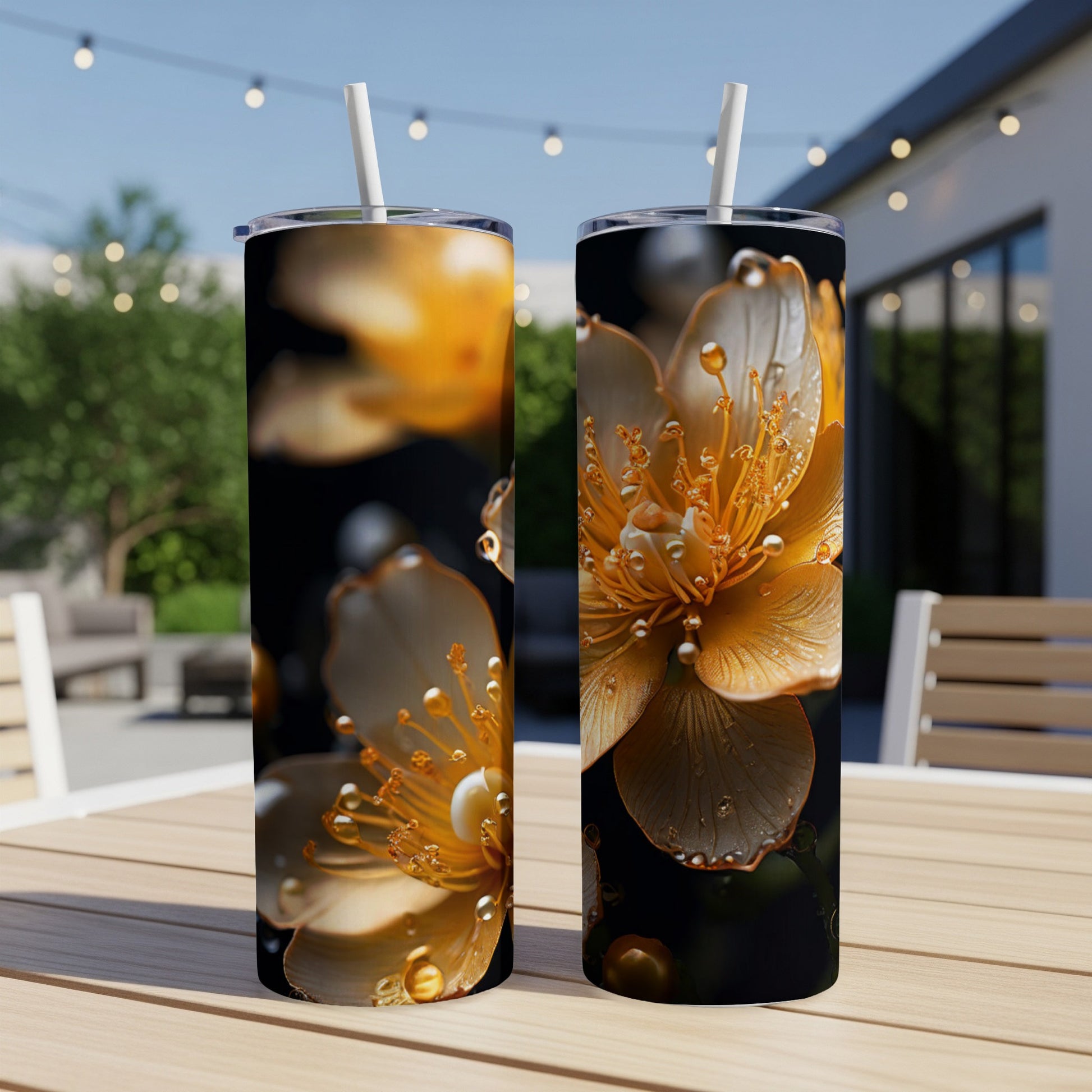 Two golden flowers with dew drops on a black background, placed on a table.