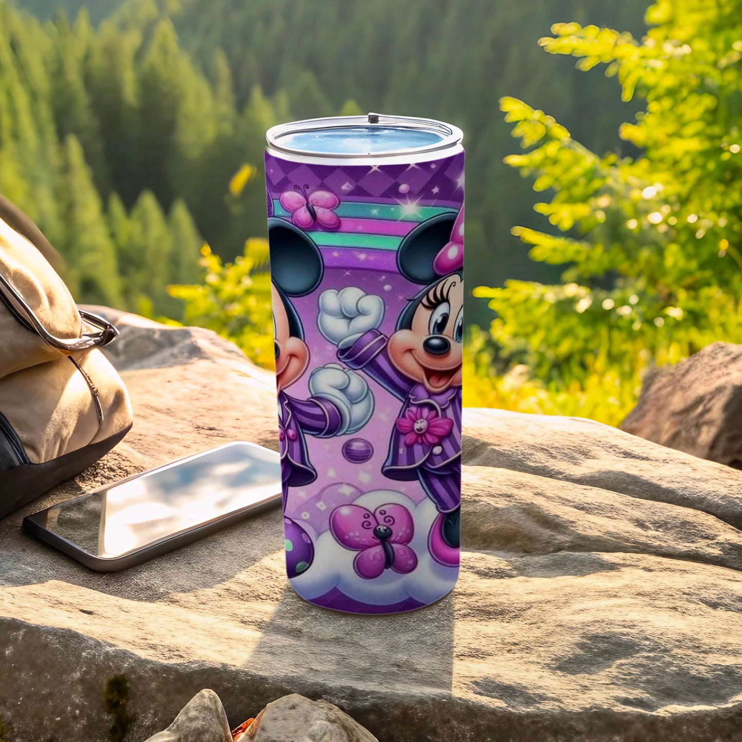 Purple Cartoon Character Travel Tumbler on Outdoor Trip
