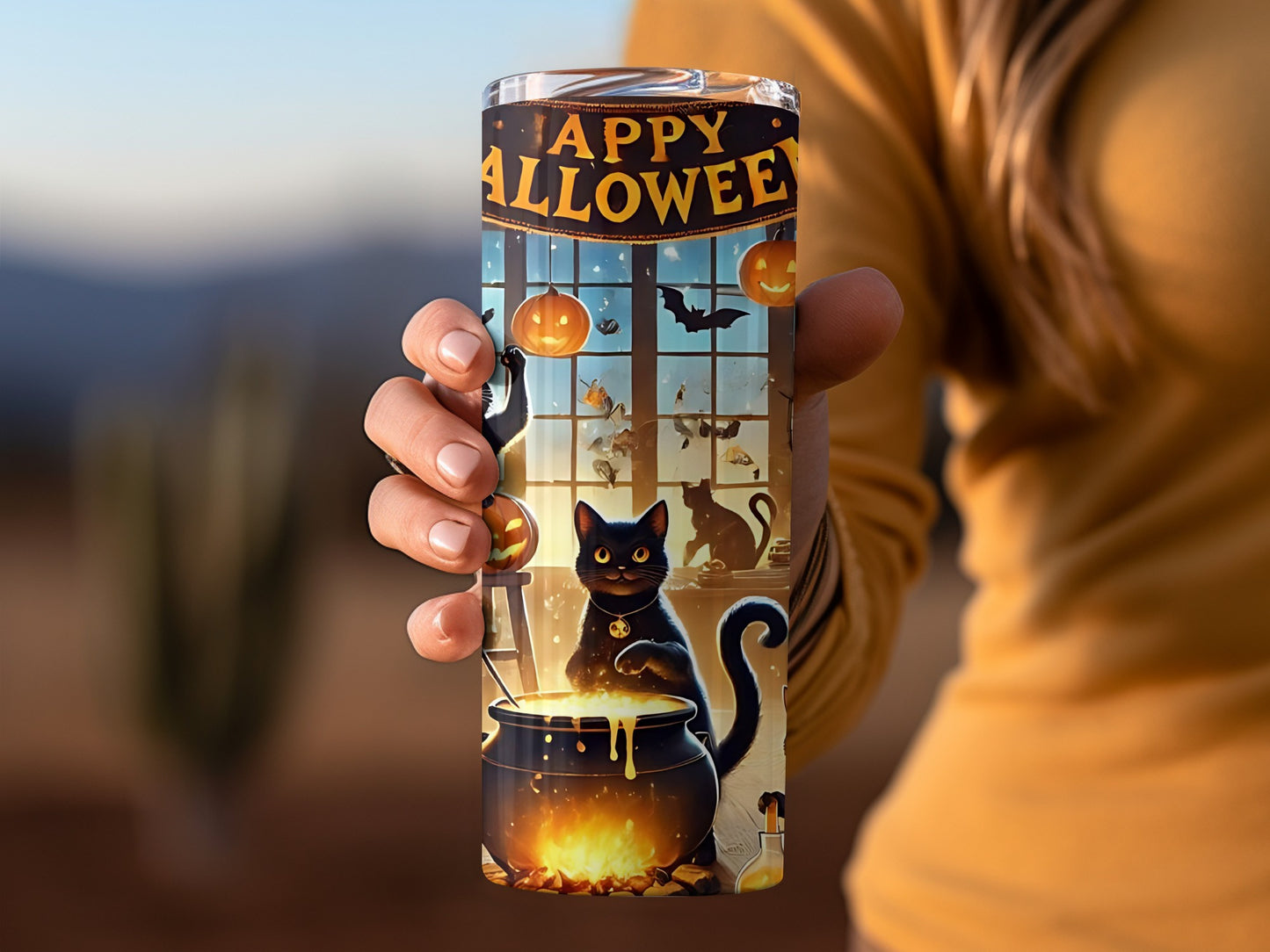Happy Halloween Black Cat and Pumpkin Design Tumbler