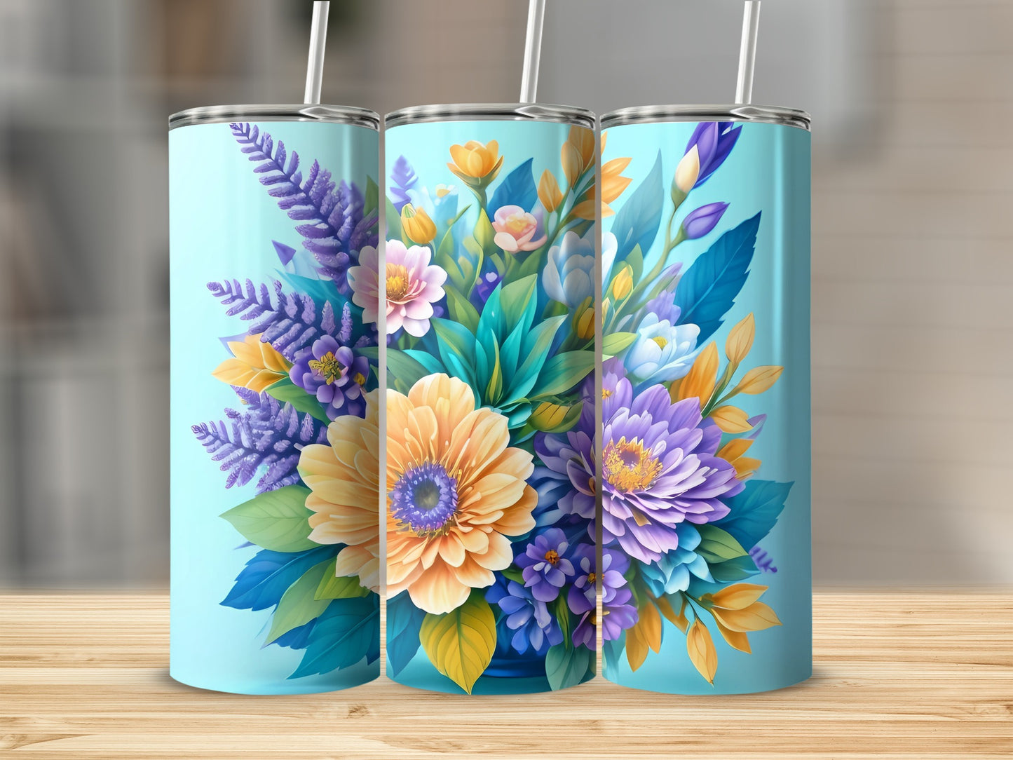 Floral Print Colorful Tumbler with Straw Drinkware
