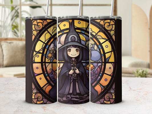 Witch and stained glass design on three tumblers.
