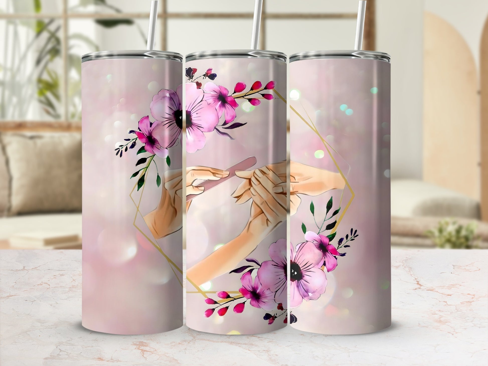 Floral Manicure Art Decor Skinny Tumbler Cup