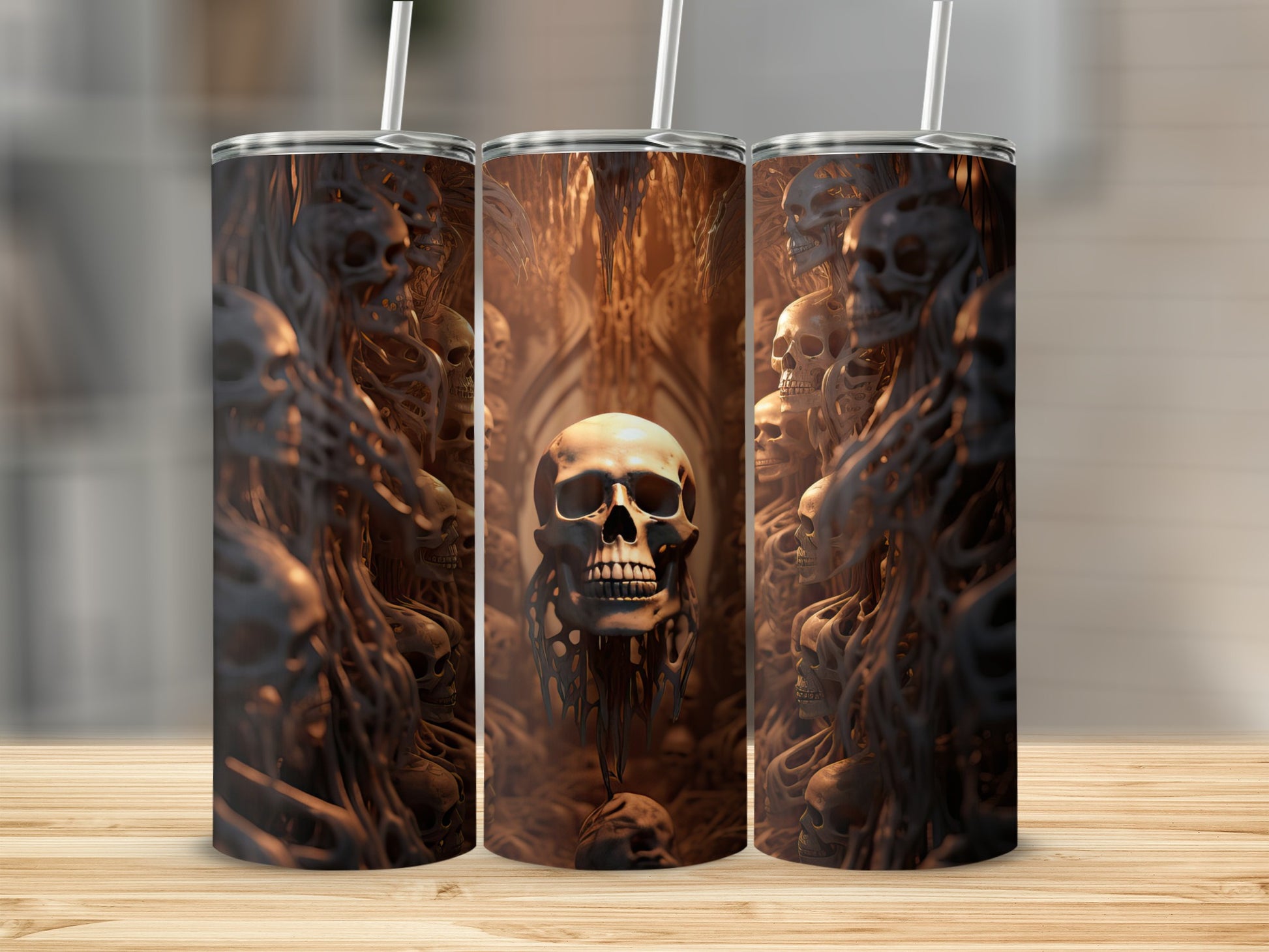 Three tumblers with a dark, skeletal, and gothic art design.