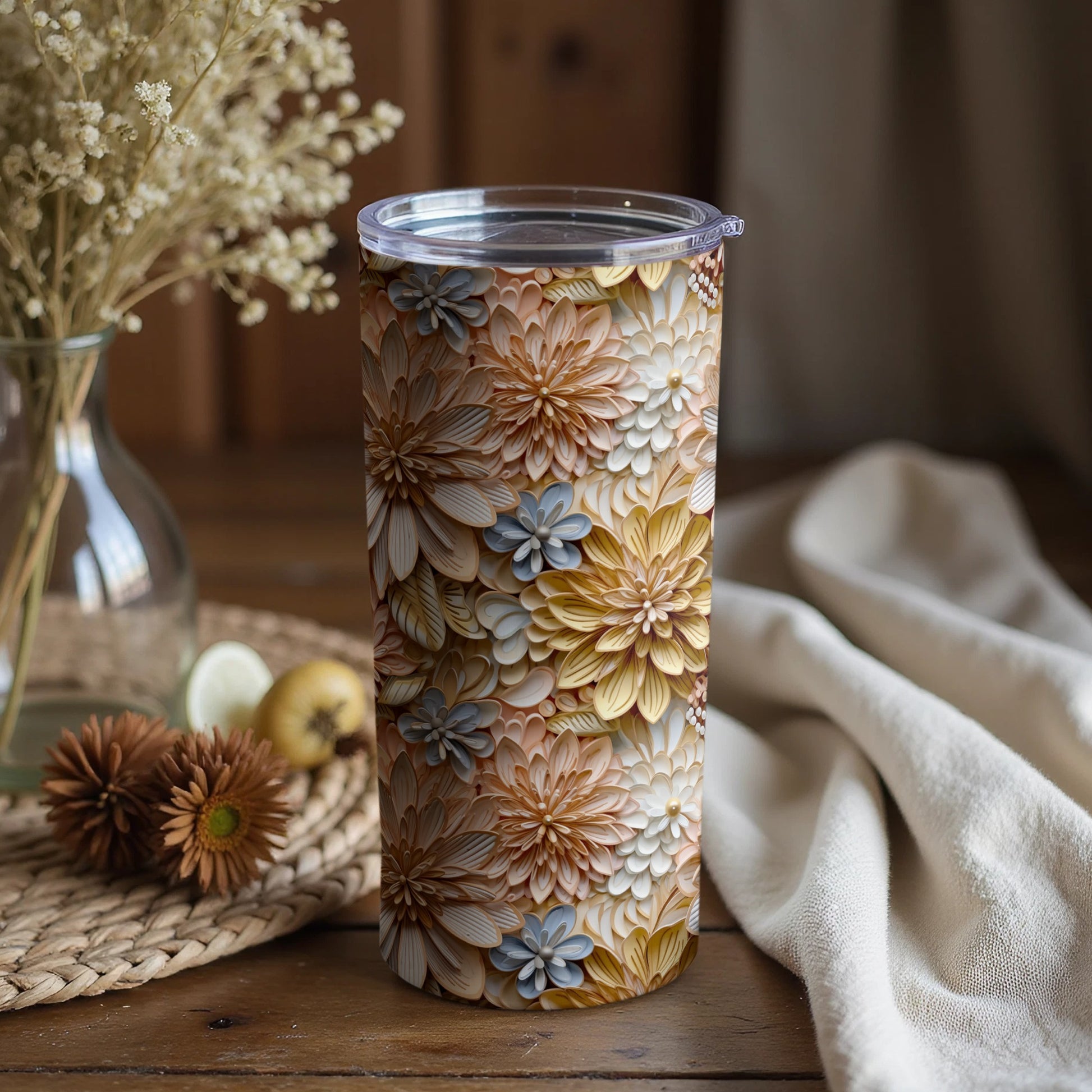 Floral Design Insulated Travel Tumbler with Lid