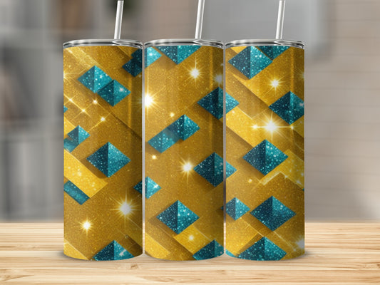 Gold and teal geometric pattern tumbler with sparkling glitter accents.