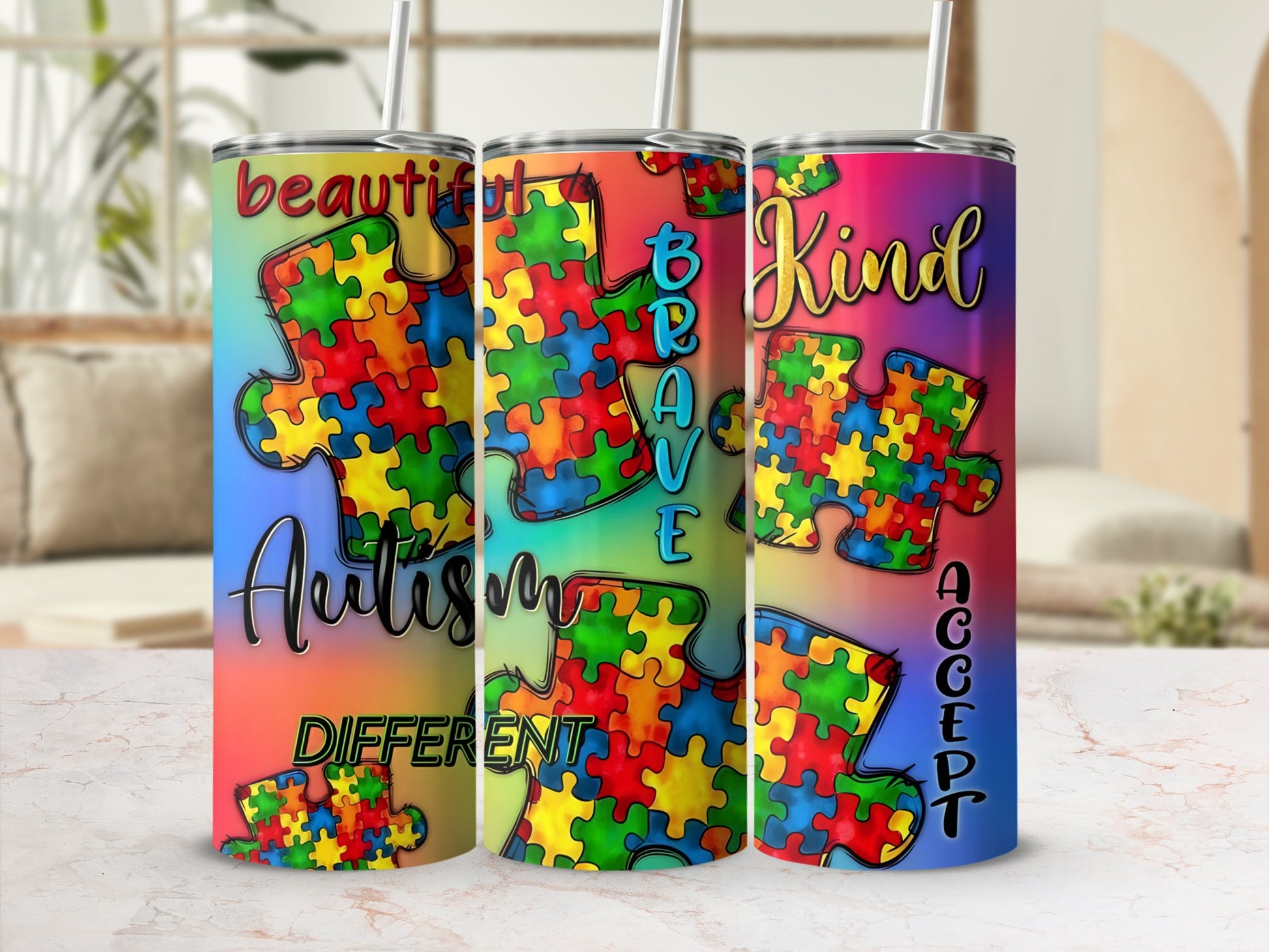 Autism awareness tumbler with puzzle pieces and "Beautiful Brave Kind Accept" text.