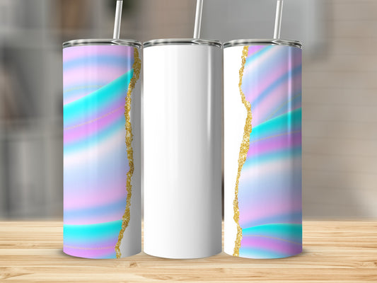 Three tumblers with iridescent and gold swirl designs on a wooden surface.