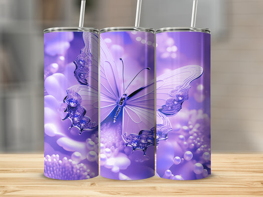 Purple tumbler with iridescent butterfly and floral accents.