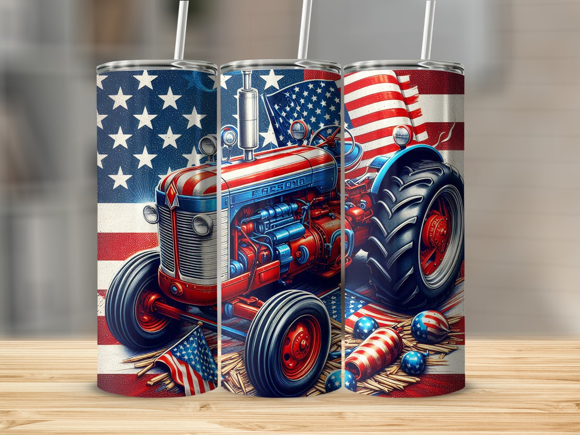 Vintage red, white, and blue tractor with American flags and fireworks pattern.