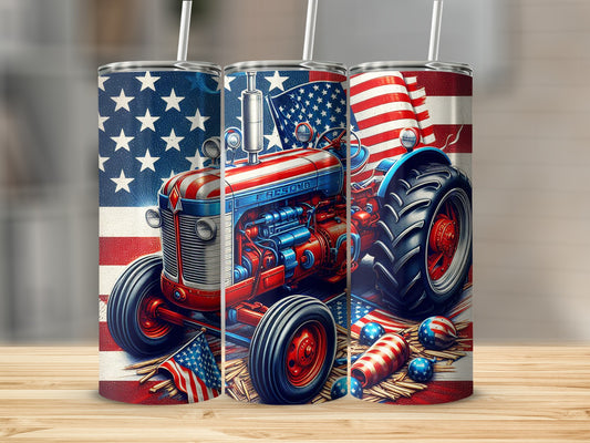 Vintage red, white, and blue tractor with American flags and fireworks pattern.