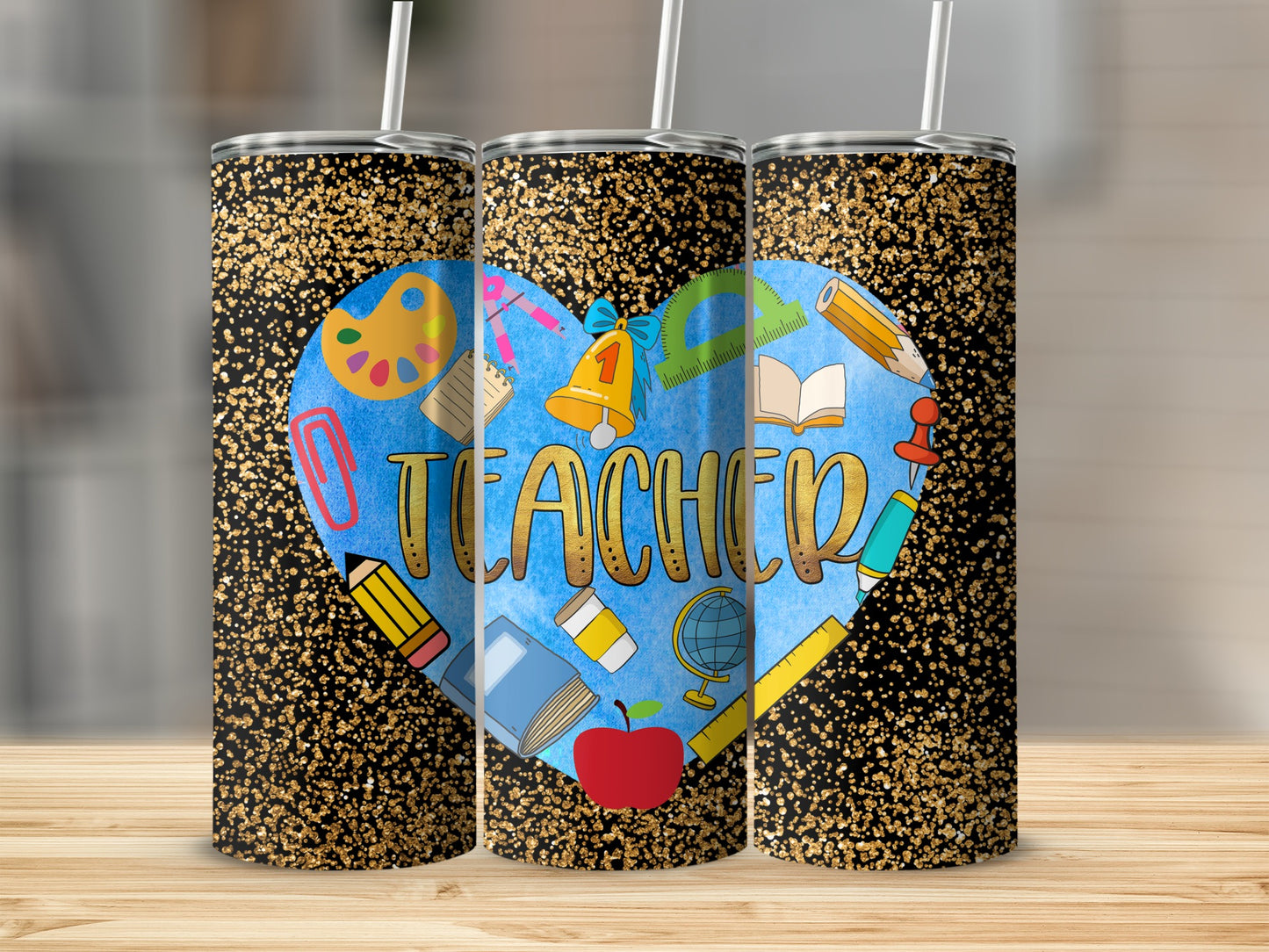 Teacher design on a glitter tumbler with school supplies inside a heart.