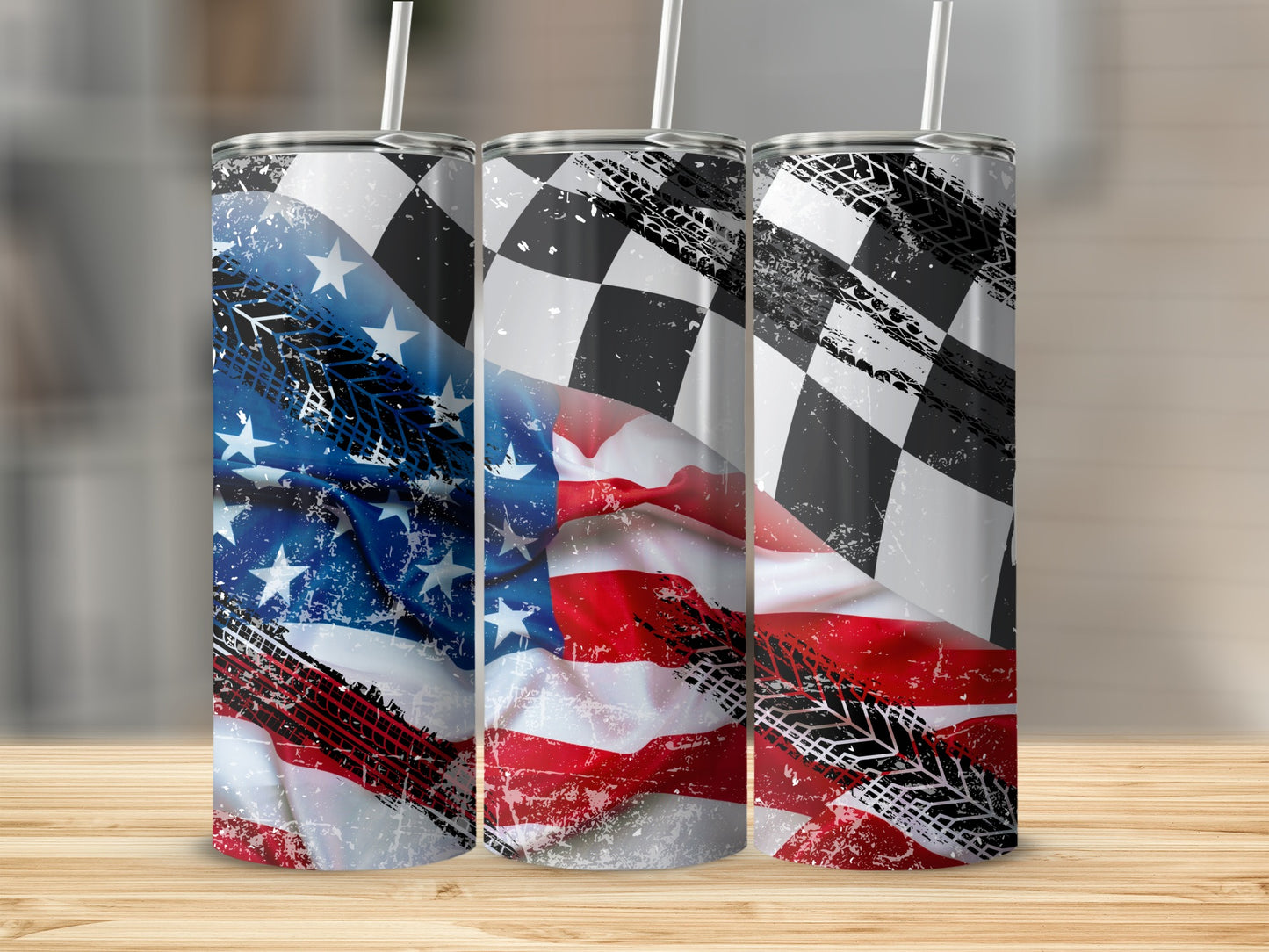 American Flag and Racing Tire Track Tumbler Cup