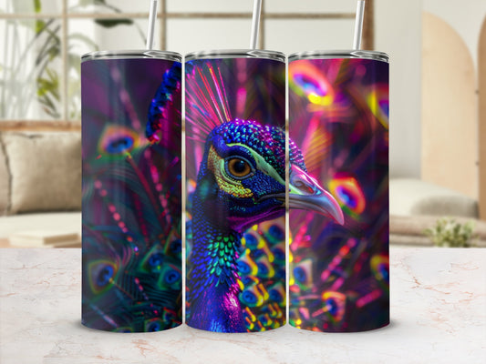 Close-up of a vibrant peacock with detailed feathers, displayed on three tumblers.