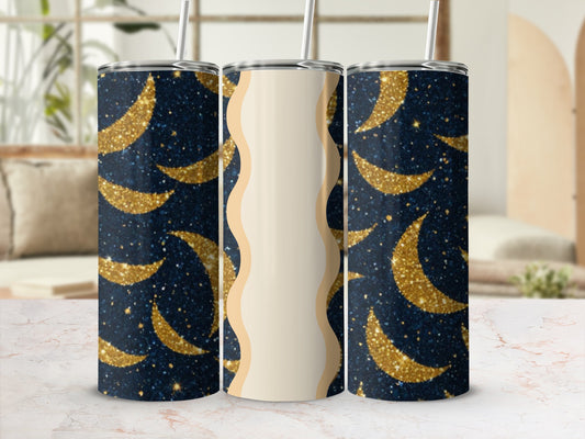 Three tumblers with a dark blue, sparkly, moon crescent pattern.