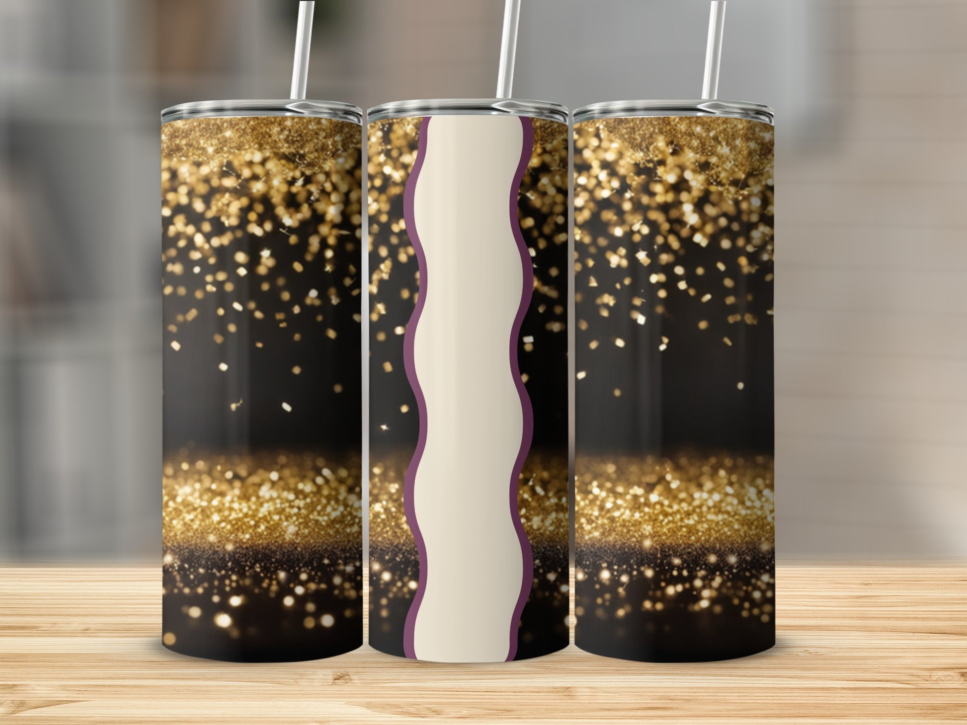 Three glittery tumblers with a purple wave pattern on a wooden surface.