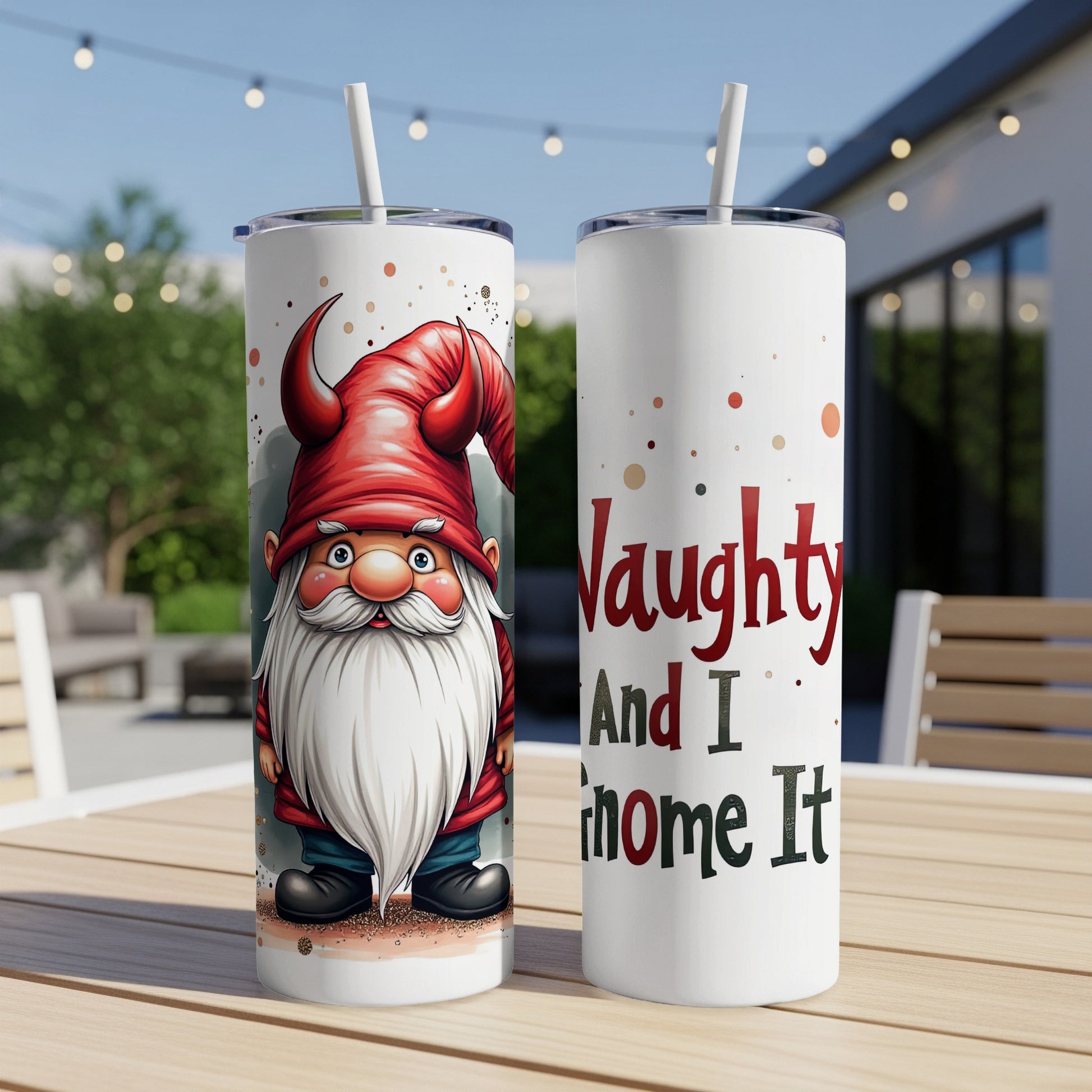 Two white tumblers with a gnome illustration and "Naughty and I gnome it" text.