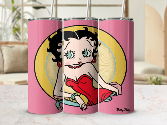 Betty Boop in red dress on pink tumbler with straw.