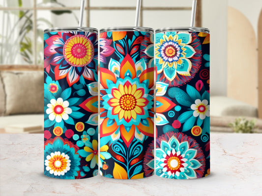 Three colorful tumblers featuring floral mandala designs and straws.