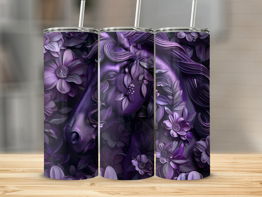 Purple floral horse tumbler with straw on wooden background.