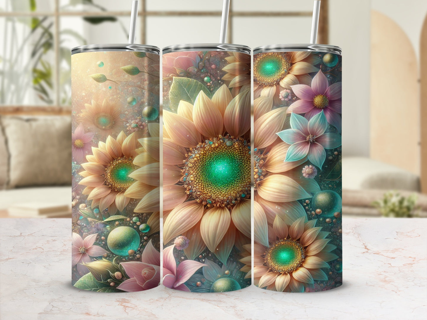 Sunflower and Floral Design Tumbler with Straw