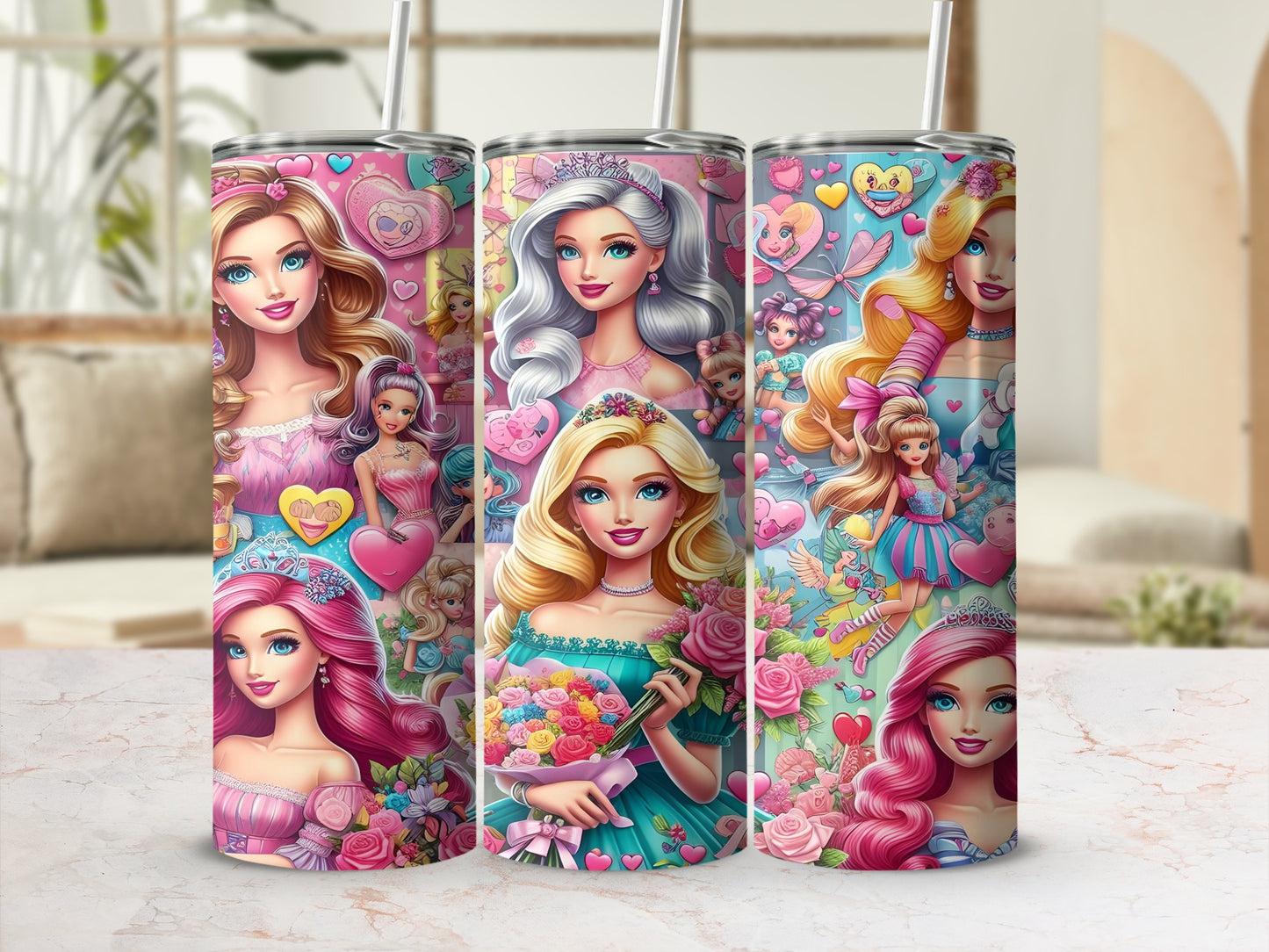 Three tumblers feature cartoon princesses with pink hair and colorful dresses.