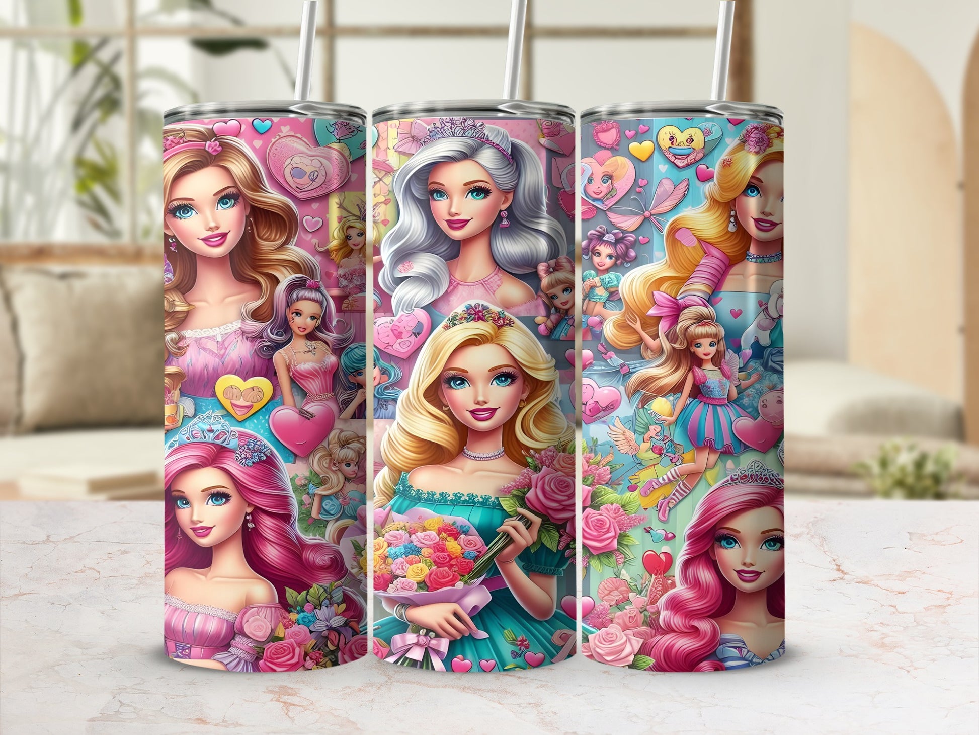 Three tumblers feature cartoon princesses with pink hair and colorful dresses.