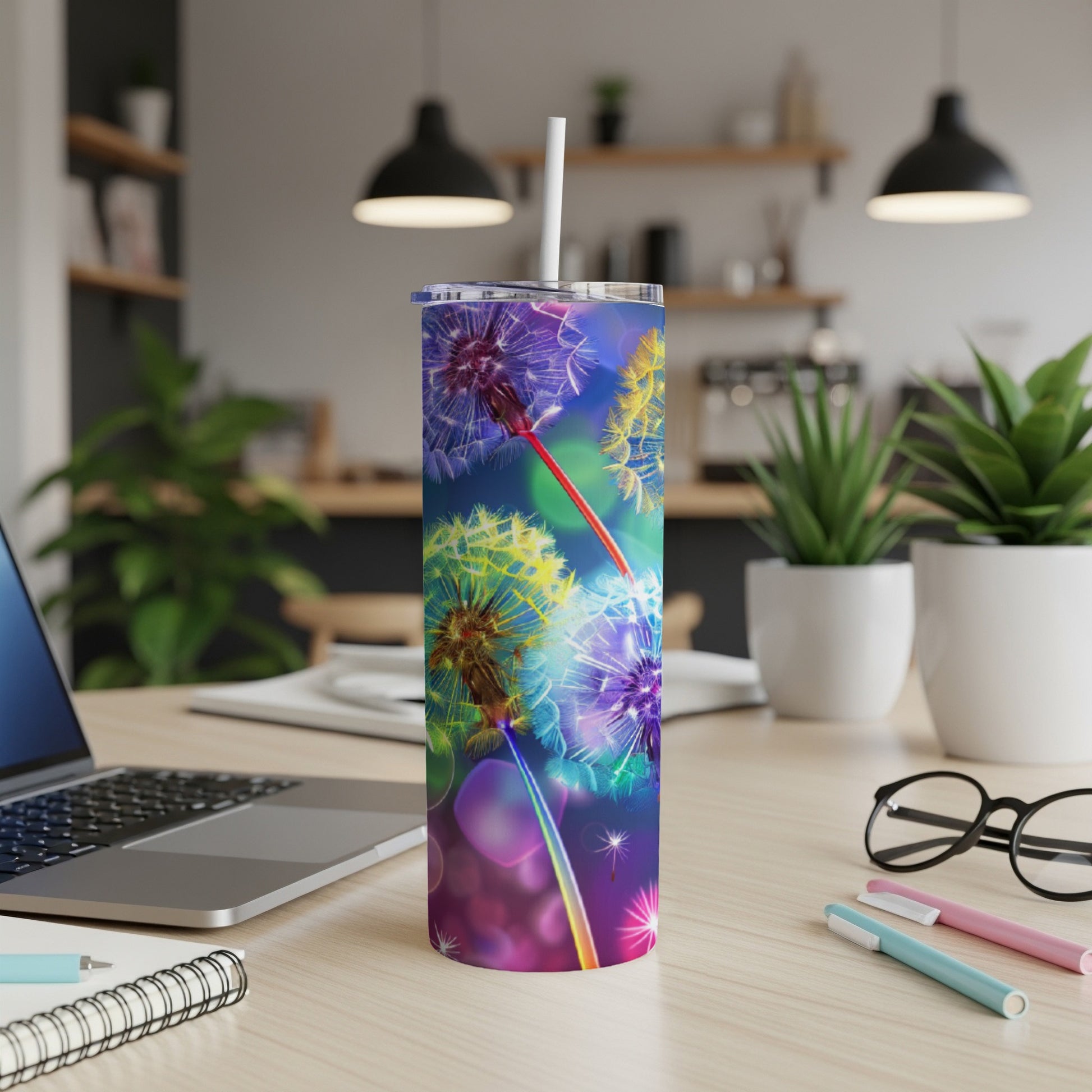 Colorful dandelion seed heads with bokeh lights on a tumbler.
