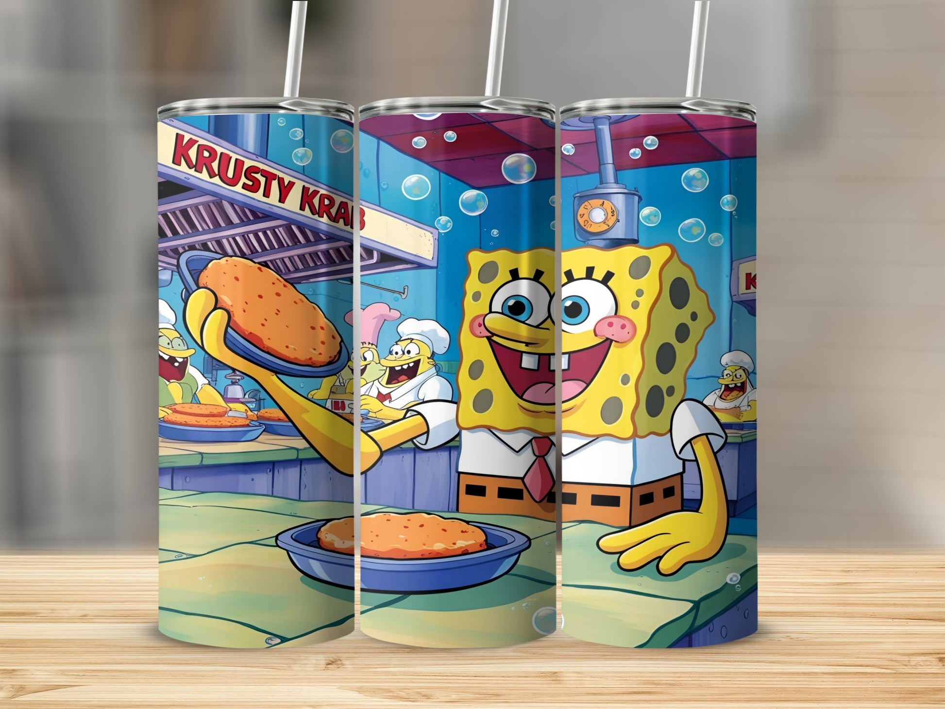 SpongeBob holding Krabby Patty with Krusty Krab kitchen background.