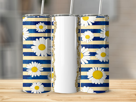Two skinny tumblers with daisy and stripe pattern, one blank.