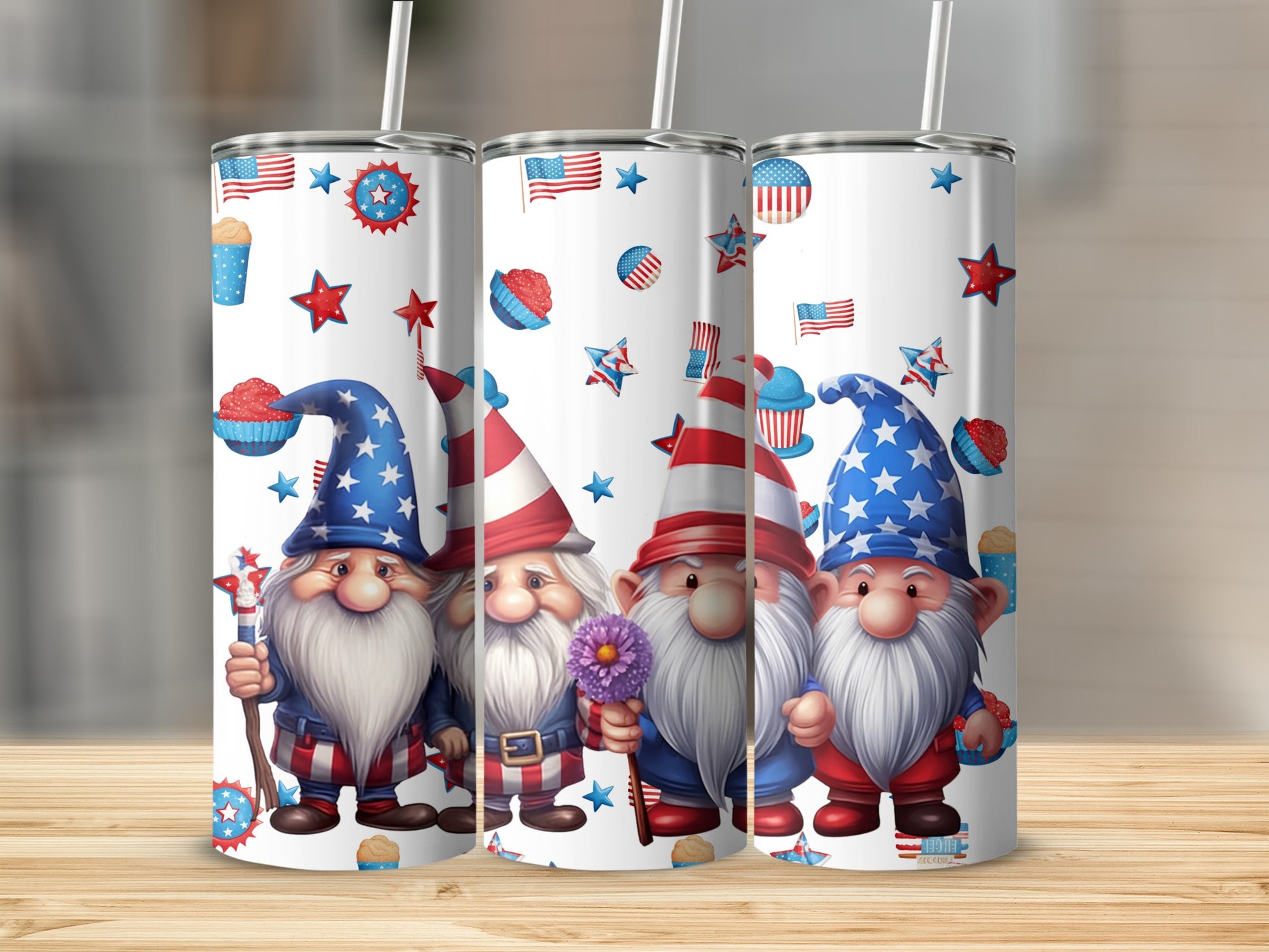 Three patriotic gnomes in red, white, and blue with stars and flags.