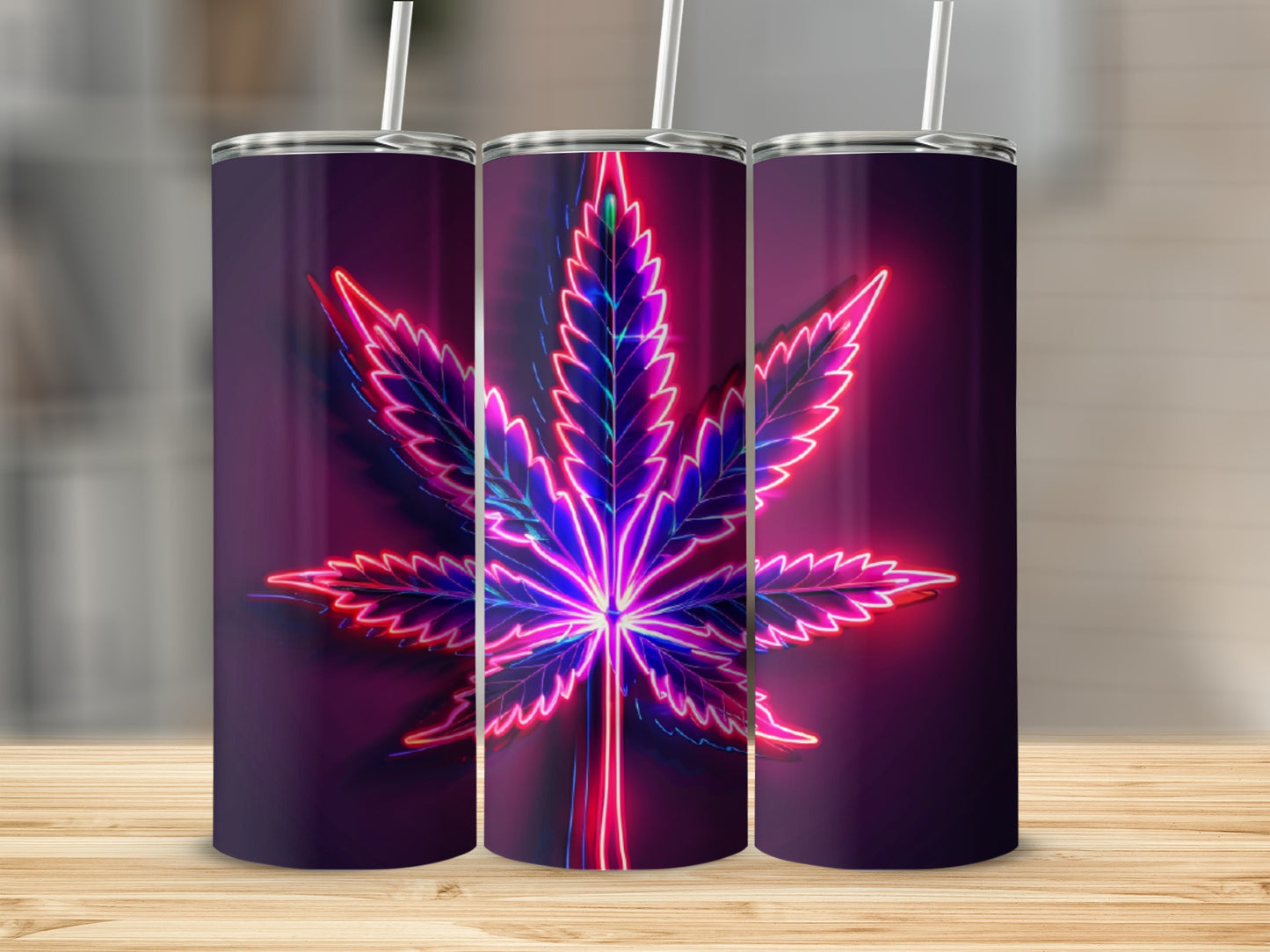 Three tumblers featuring a neon pink and blue cannabis leaf design.