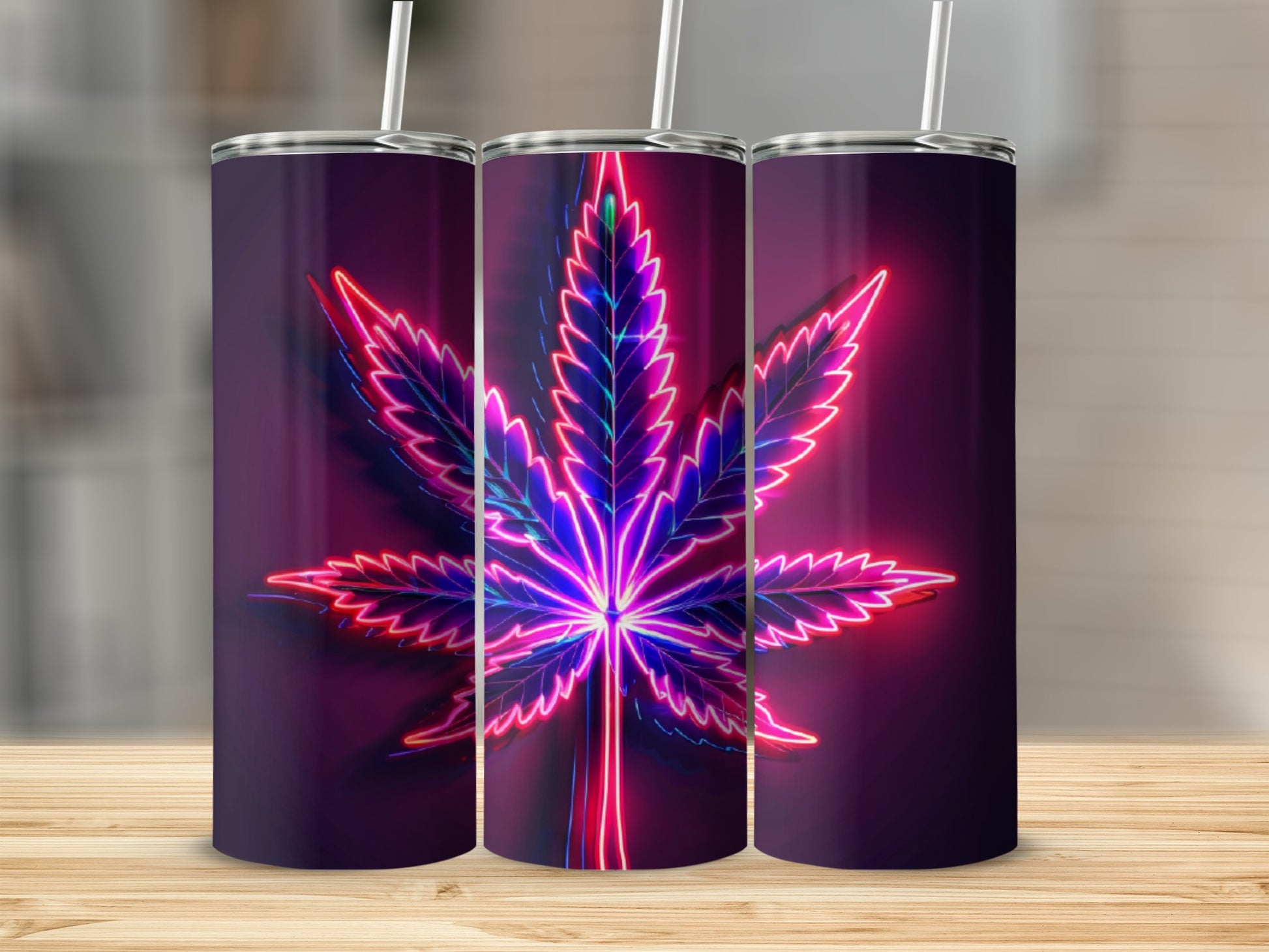 Three tumblers featuring a neon pink and blue cannabis leaf design.