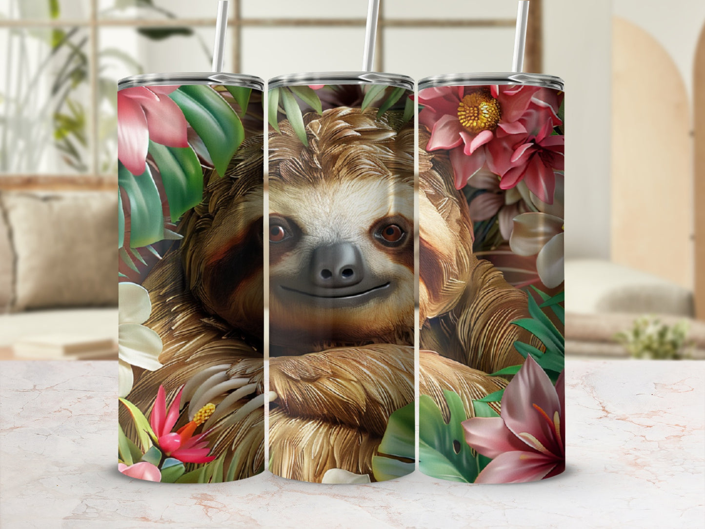 Sloth with pink and red tropical flowers and green leaves.