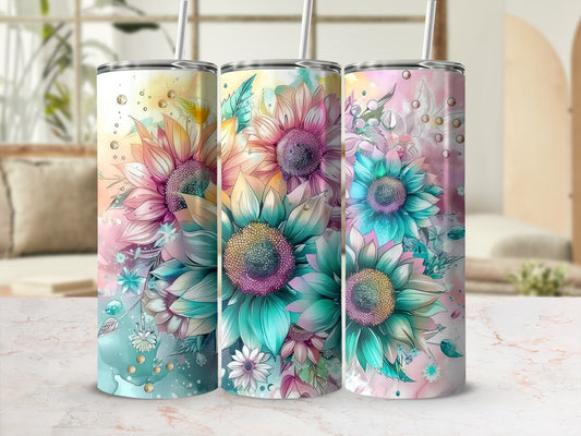 Three tall tumblers with watercolor sunflowers and floral accents.