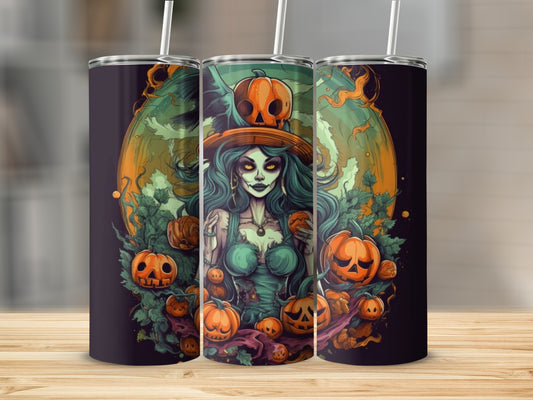 Tumbler with Halloween witch illustration surrounded by pumpkins and foliage.